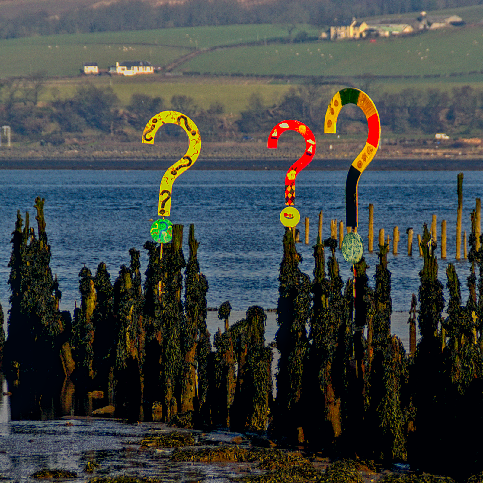 Question mark signs by the water